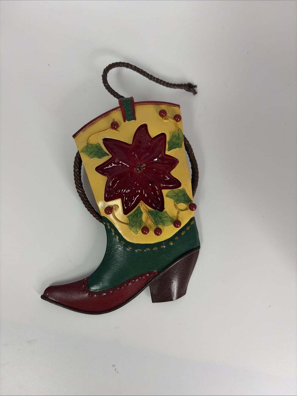 Western Cowboy Boot Poinsettia Christmas Ornament Metal 6”x4”